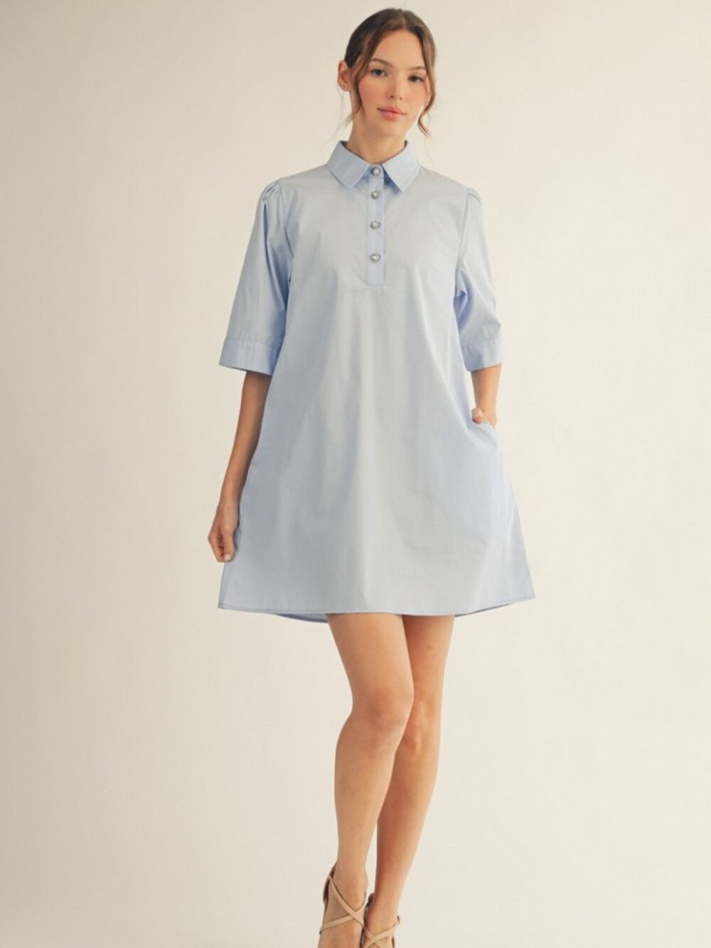Pearl Button Accent Solid Shift Dress
